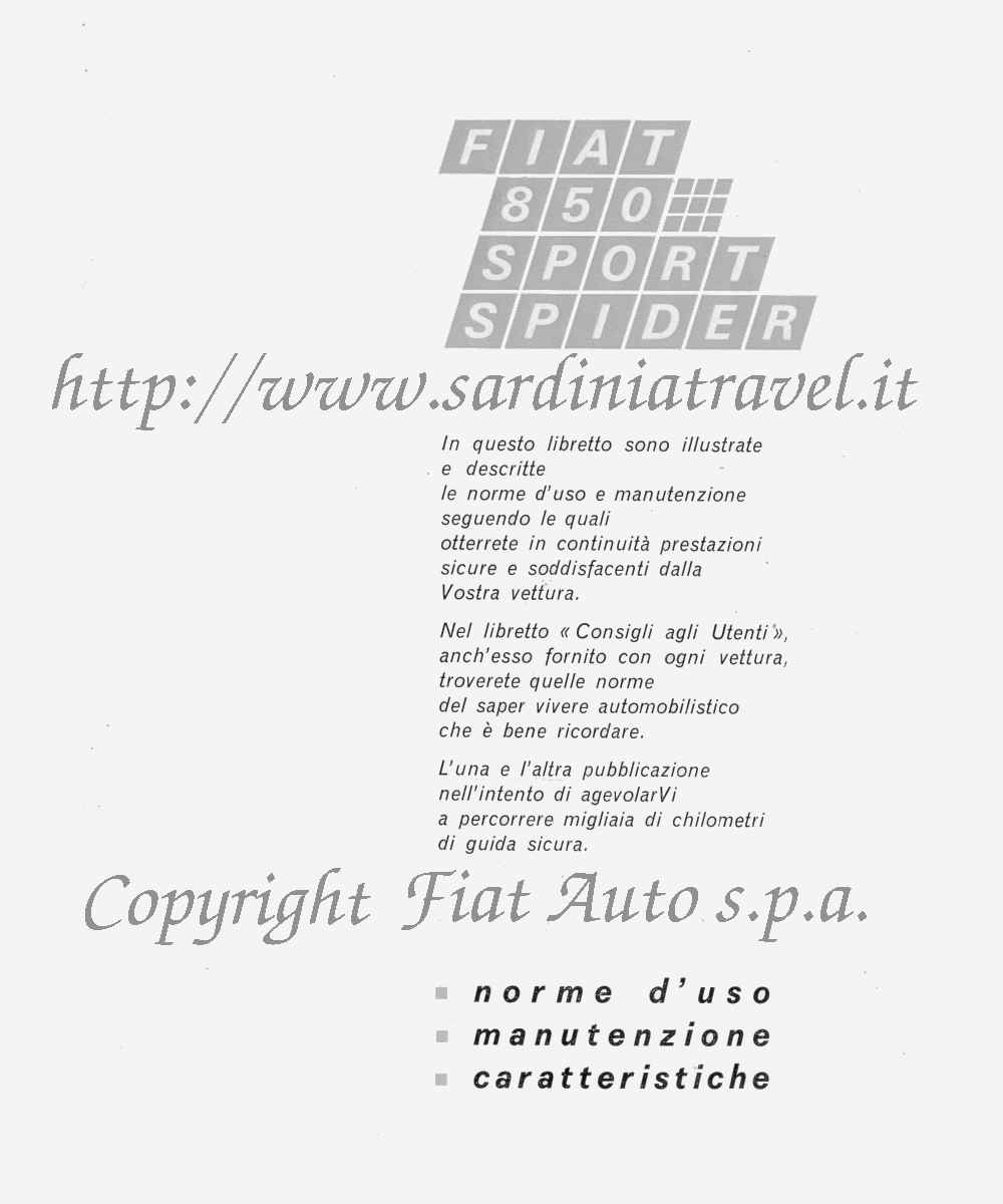 Norme d'uso, manutenzione e caratteristiche della Fiat Sport 850 Spider